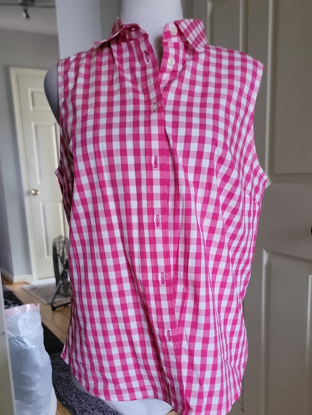 J. Crew Sleeveless Pink and White Gingham Button-Down Shirt